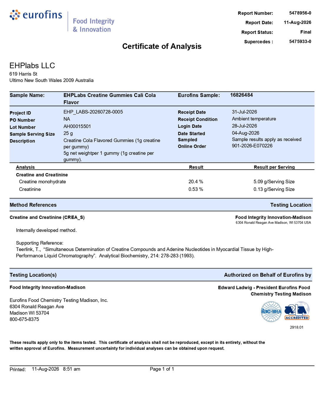 Eurofins Certificate of Analysis, Creatine Gummies Cali Cola