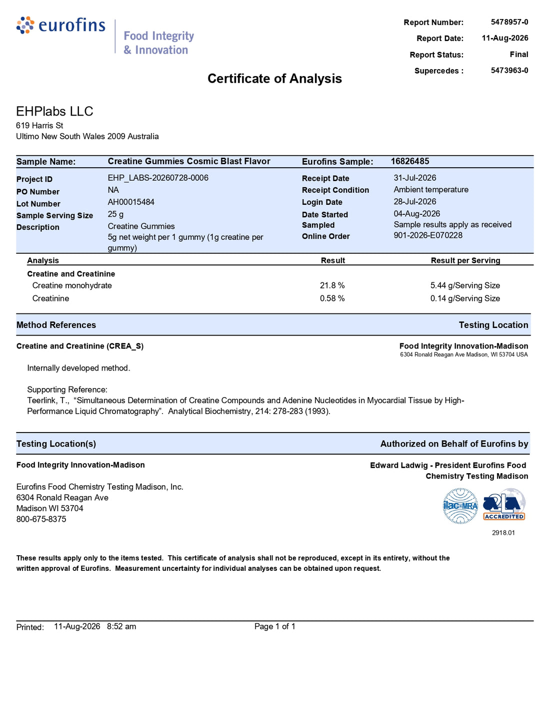 Eurofins Certificate of Analysis, Creatine Gummies Cosmic Blast