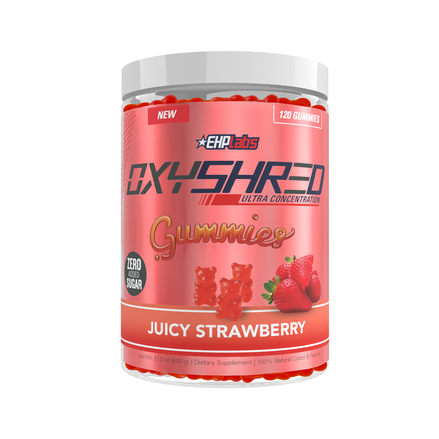 OxyShred Gummies container with strawberry flavor on a white background