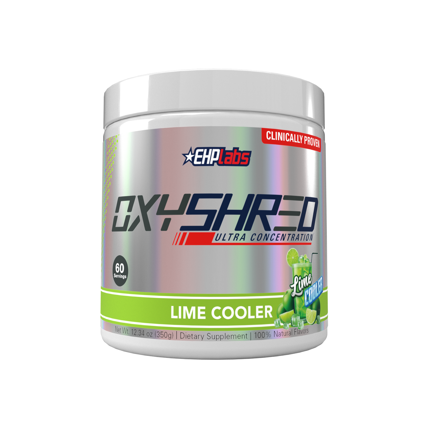 Supplement container labeled 'OxyShred' by EHPlabs with lime cooler flavor on a white background