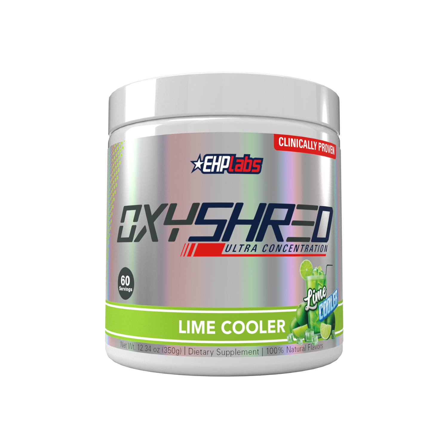 Supplement container labeled 'OxyShred' by EHPlabs with lime cooler flavor on a white background