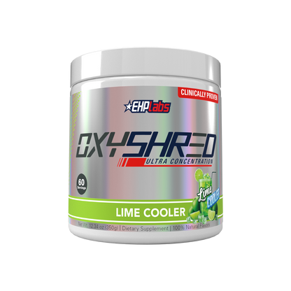 Supplement container labeled 'OxyShred' by EHPlabs with lime cooler flavor on a white background