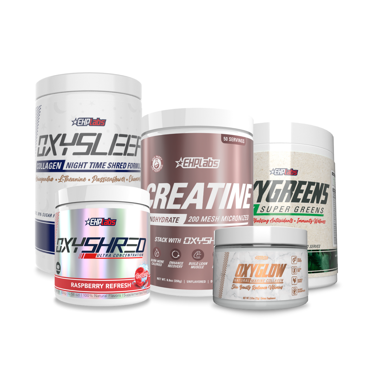 Day & Night Shred Stack bundle with OxyShred, OxySleep, OxyGreens, Crea-8 creatine and OxyGlow collagen