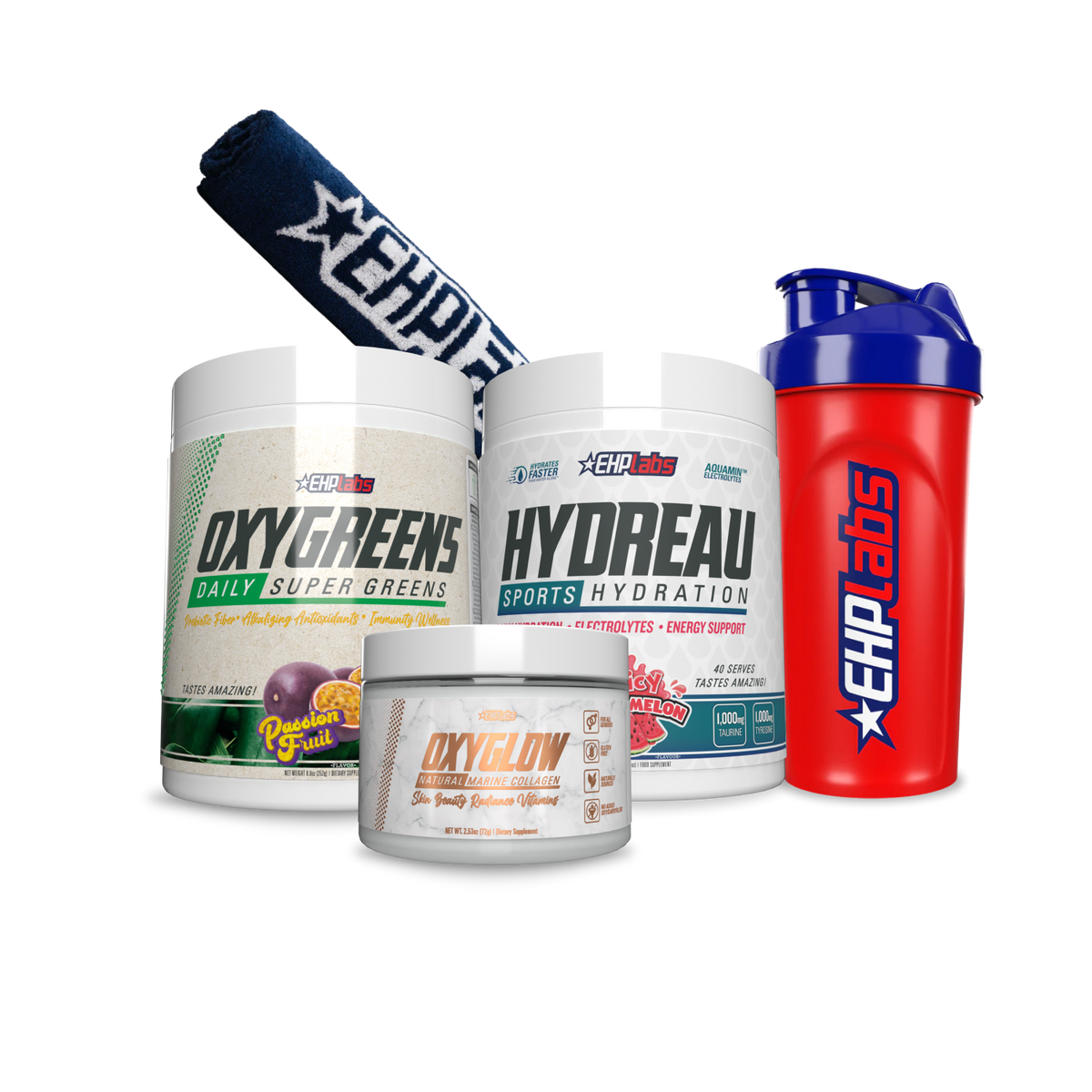 Health Essentials Stack bundle with OxyGreens, Hydreau hydration, OxyGlow collagen, shaker bottle and gym towel