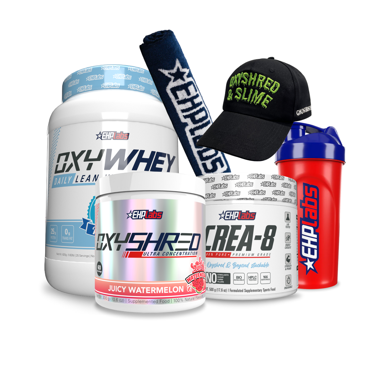 Lean Gains Stack bundle with OxyWhey protein, Crea-8 creatine, OxyShred, shaker bottle, gym towel and cap