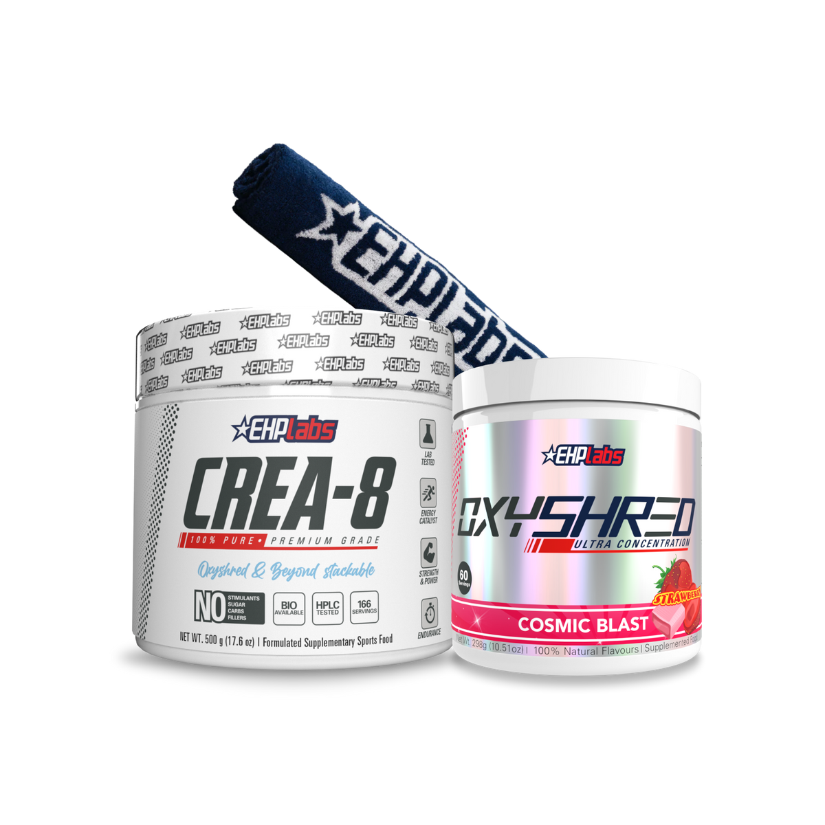 OxyShred + Creatine Stack bundle with OxyShred, Crea-8 creatine monohydrate and an EHPlabs gym towel