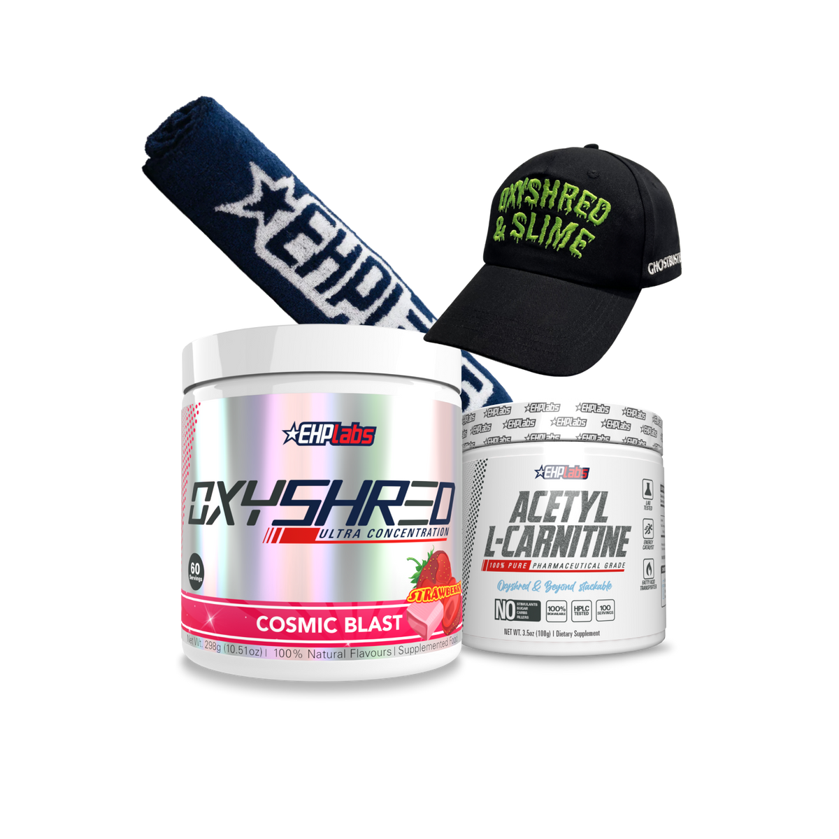Shred Essentials Stack bundle with OxyShred, Acetyl L-Carnitine, EHPlabs cap and gym towel