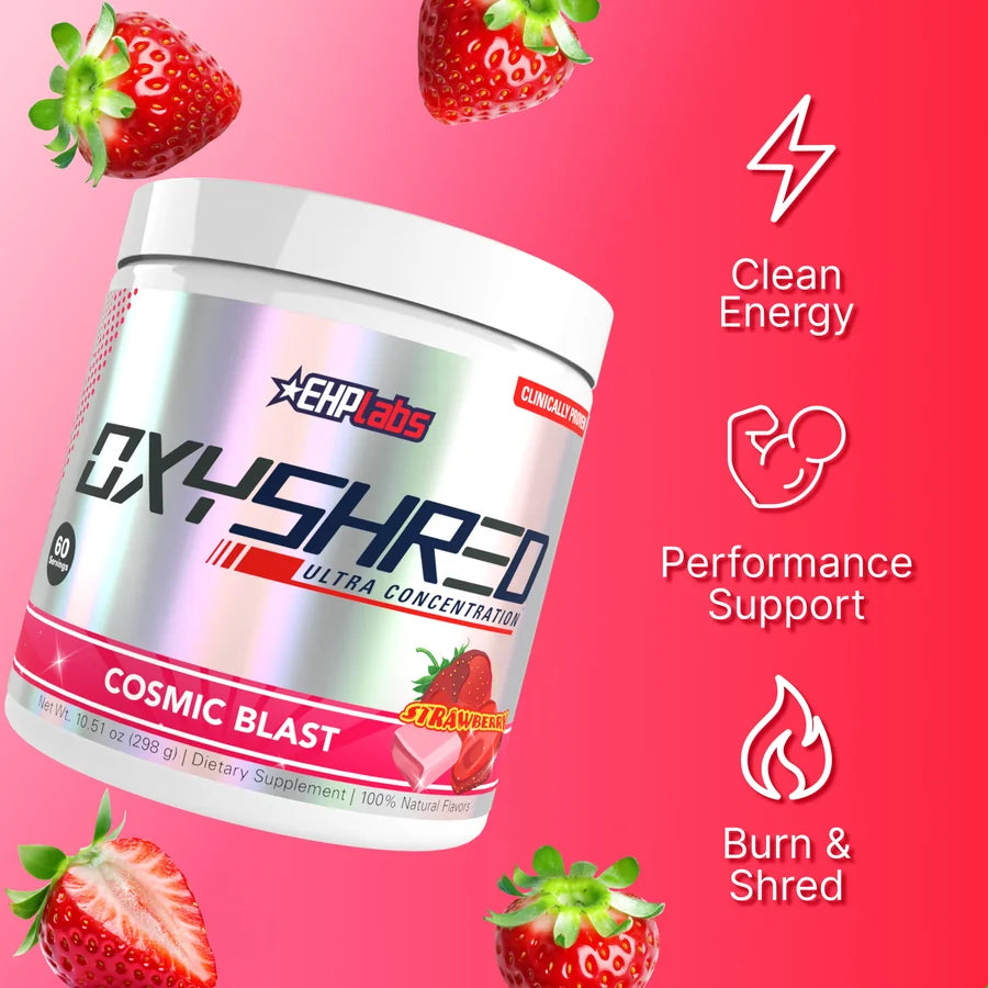 OxyShred Cosmic Blast, with clean energy, performance support and burn and shred callouts