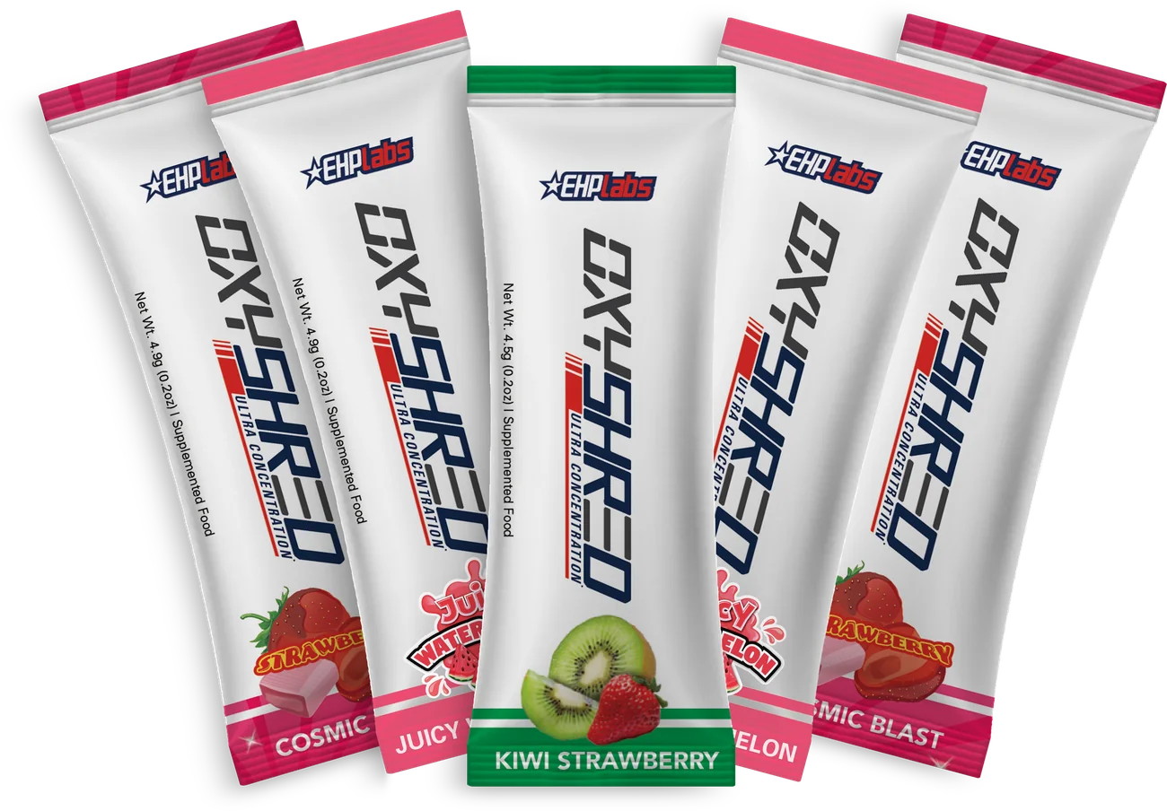 5 OxyShred Ultra stick packs, Cosmic Blast, Juicy Watermelon and Kiwi Strawberry