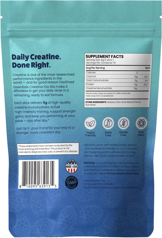 Back of Blue Raspberry Creatine Fizz Stix pouch showing supplement facts