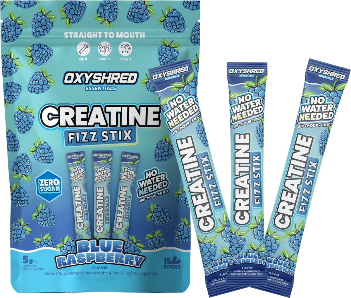 OxyShred Creatine Fizz Stix Blue Raspberry pouch with three sticks